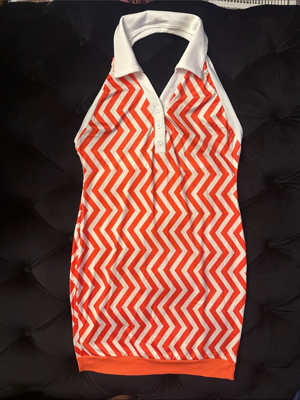 Sleeveless Chevron Halter Dress in Orange and White